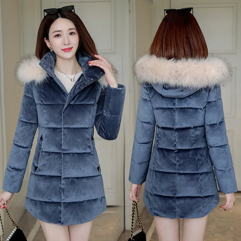

2019 Autumn And Winter New Korean Large Fur Collar Short-height Gold Velvet down Jacket Cotton-padded Clothes Women's Mid-length