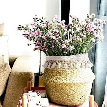 

Hand-Woven Natural Seagrass Belly Basket Crochet Nursery Decor Multipurpose Modern Toy Storage Picnic Basket Foldable Flower Pot