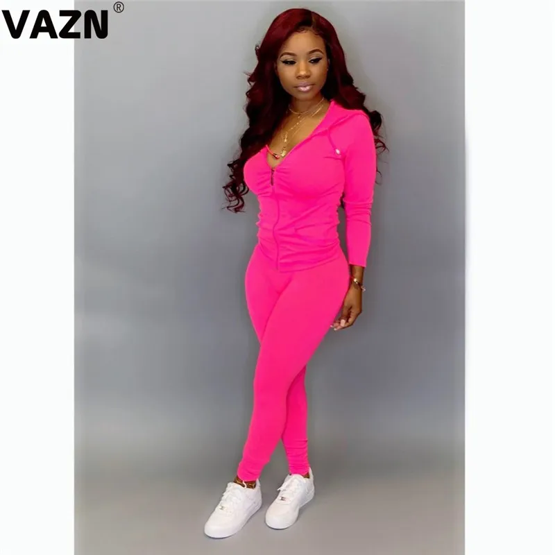 VAZN OMF5093 Топ Плюс Размер повседневный костюм свободный мягкий модный спортивный костюм сплошной 2 цвета длинный рукав длинные брюки тонкий женский комплект из 2 предметов - Цвет: Rose red