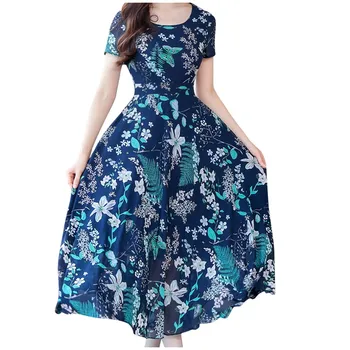 

plus size dress Women Fashion Summer Grace Mid-Calf Short Sleeve Beach Printing Bohemian Dress Empire Waistline O-Neck casual
