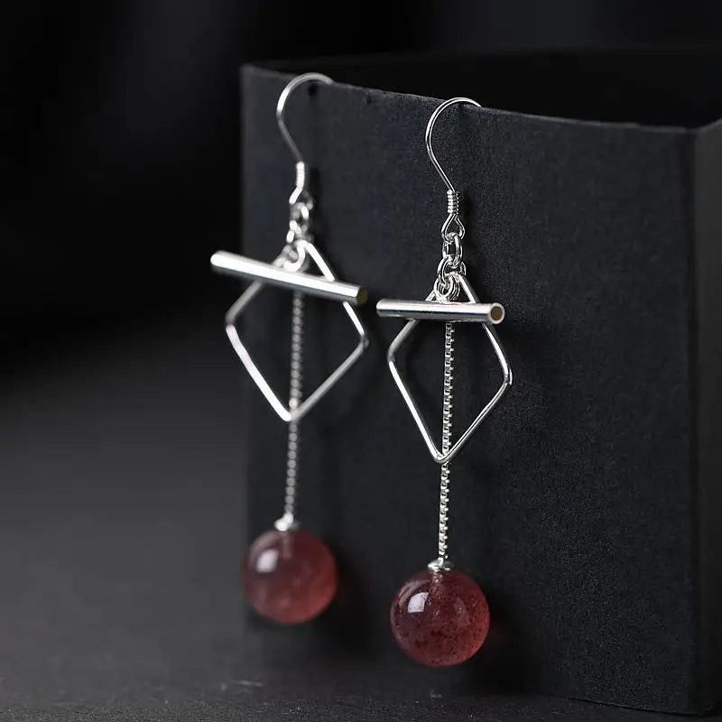 

FNJ Strawberry Quartz Earrings 925 Silver Original Pure S925 Sterling Silver Drop Earring for Women Jewelry