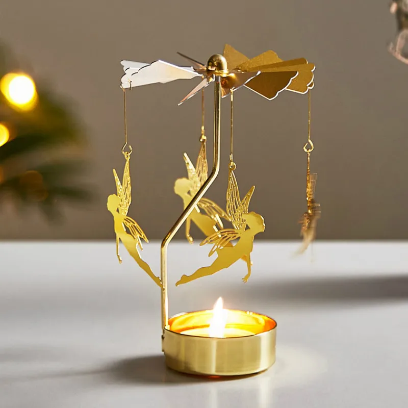 

Glass Gold/Silver Candlestick Rotating Snowflake Candle Cup Holder Romantic Spinning Carrousel Candle Stand Christmas Home Decor