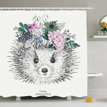 

Shower Curtain Set with Hooks 60x72 Vintage Super Flowers Hedgehog Wreath Black Printing On Her Head Animals Wildlife Fluffy