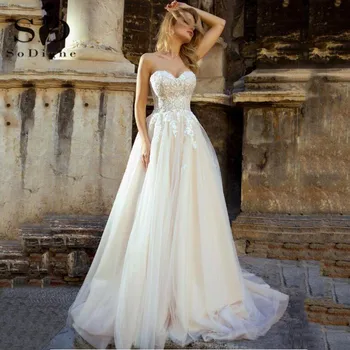 

SoDigne Princess Boho Wedding Dresses 2020 Sweetheart A-line Lace Appliques Corset vintage Modest Bridal Dress plus Size Custom