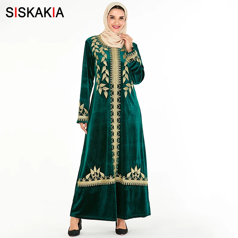 Siskakia арабские платья абайя шикарные Золотые листья Вышивка мусульманское длинное платье Синий бархат Стразы Дубай платья для женщин - Цвет: Green abaya