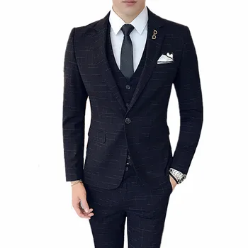 

Men's British Style Business Plaid Printing Slim Business Blazers 3 Pieces Suits Sets Coat Vest Pants S-4XL Jacket Waistcoat