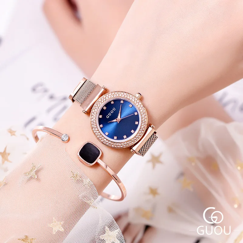 

Sale Ladies Fashion Star Round Zircon Stone Crystal Dial Simple Steel Watchband Classic Quarz Female Watch G8112