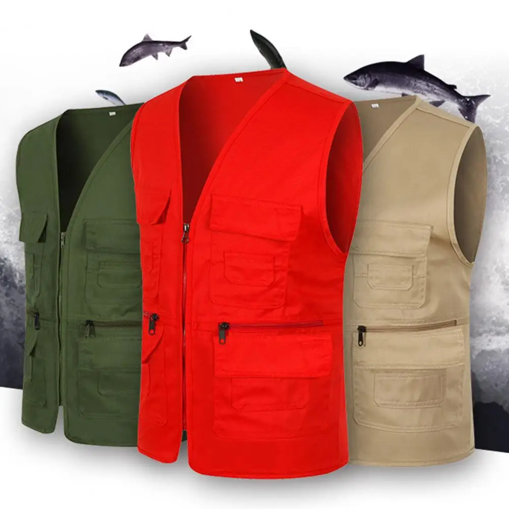 Fishing Jacket Quick-drying Vest Men Waistcoat Solid Color V Neck Multi Pockets Sleeveless Outdoor Summer Vest for Fishing