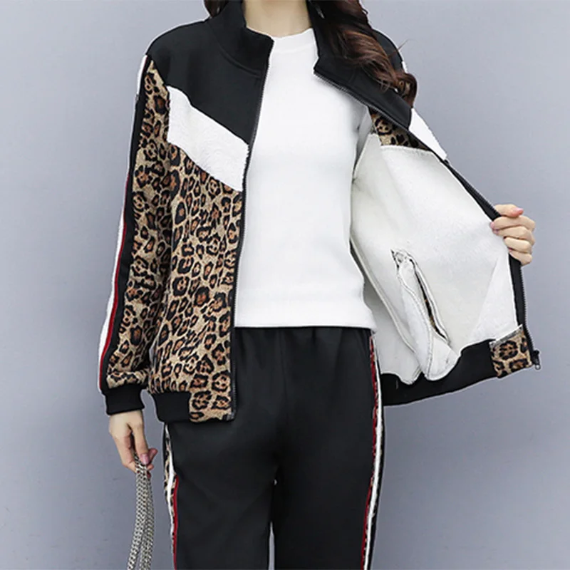 Женский спортивный костюм размера плюс 5XL, Леопардовый спортивный костюм, утепленная куртка, пальто+ штаны, комплект из двух предметов, теплая зимняя спортивная одежда, комплект большого размера
