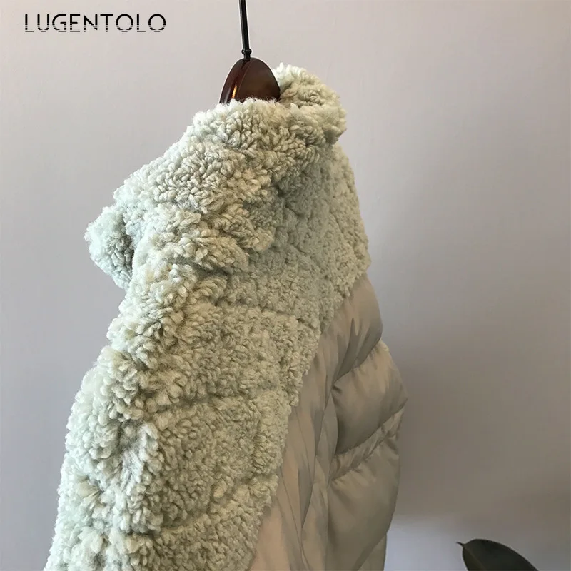 Lugentolo, Женская парка, зимнее пальто из овечьей шерсти с пуговицами, свободная теплая куртка, Повседневная Женская парка с стоячим воротником, простая Модная парка