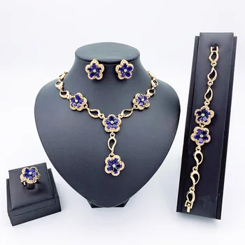 

Indian Charm Women Party Fashion Jewelry Sets Amethyst Necklace Bracelet Earrings Ring Jewelry Wedding Bridal Jewelry Set