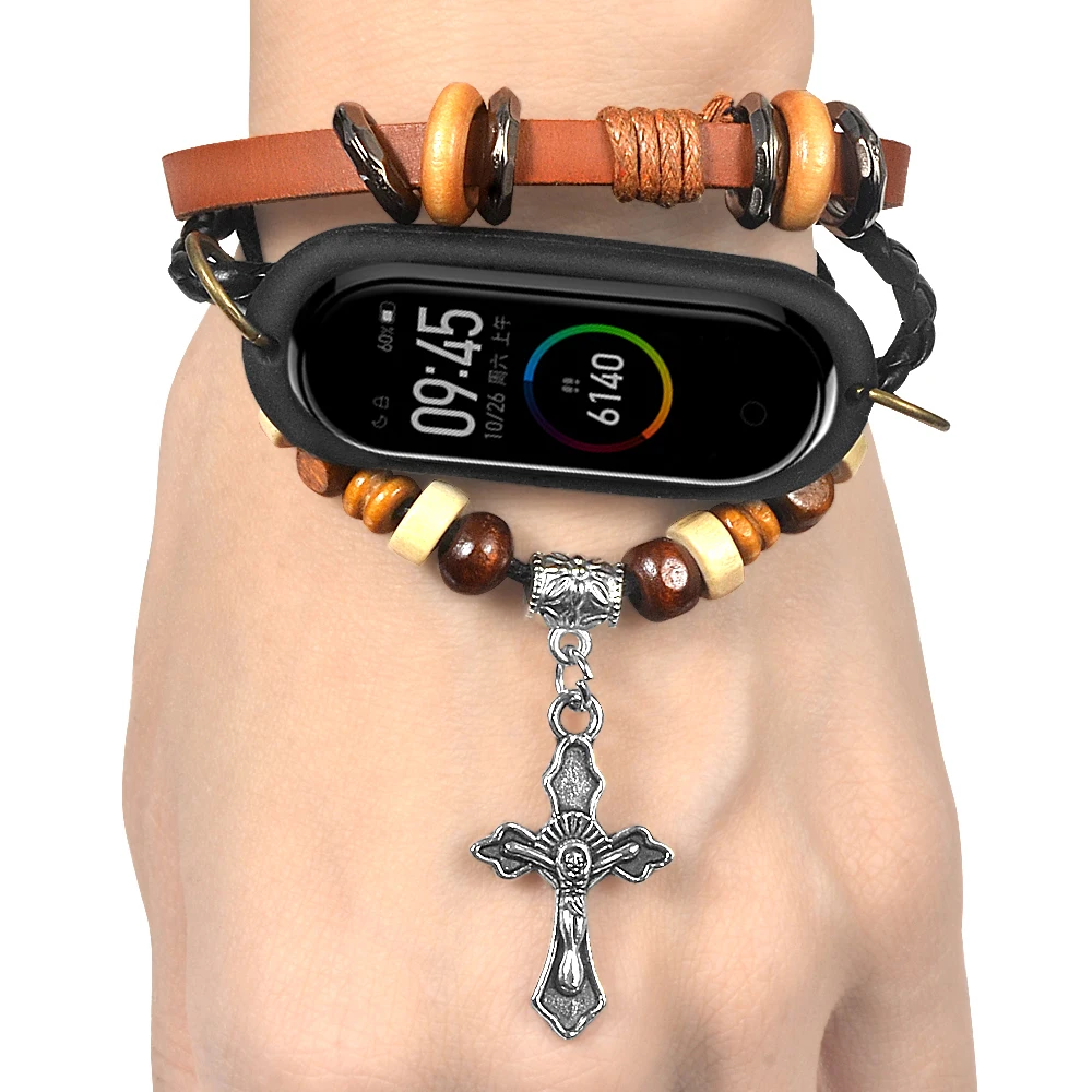 Ремешок кожаный для Xiaomi Mi Band 4 сменный браслет с гравировкой Креста и бусинами |