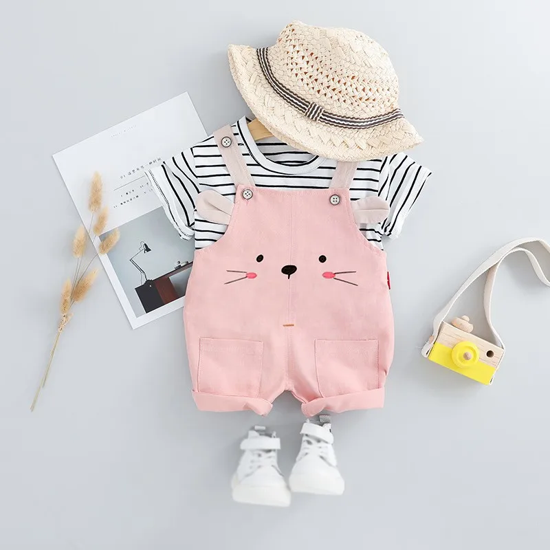 Summer Fashion Baby Girls Clothing Sets Infant Clothes Suits Stripe T Shirt Strap Shorts Kids Sportswear Children Casual Wear - Цвет: P