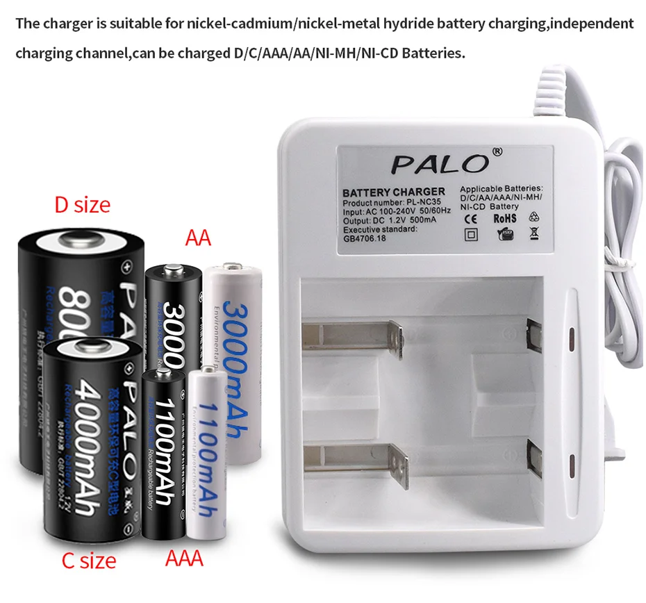 PALO 2 слота AA AAA C D зарядное устройство для 1,2 в Ni-CD Ni-MH AA/AAA/C/D Размер перезаряжаемая батарея быстрая Интеллектуальная Зарядка светодиодный дисплей