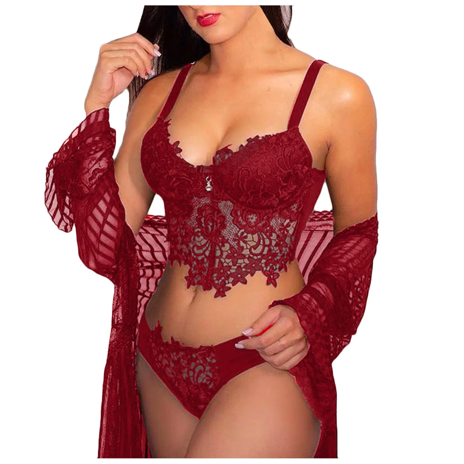 cheap bra and panty sets Sexy Women Lingerie Embroidery Lace Robe Sets Collar Wireless Bra Sexy Lingerie Thong Set Underwear Bielizna Erotyczna lace bra set