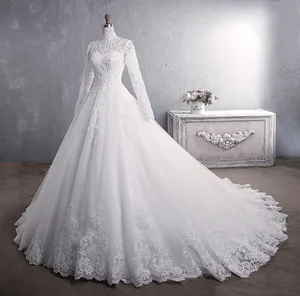 Мусульманское свадебное платье 2022, элегантное женское платье с высоким воротом и шлейфом, роскошное кружевное свадебное платье с вышивкой, Vestido De Noiva