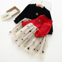 Газовое платье для девочек со звездами и бархатом; г. Зимняя детская одежда;