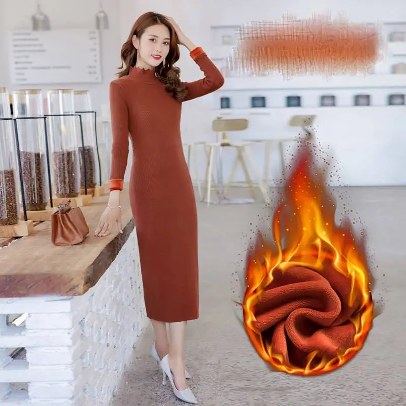 

2019 New Autumn Winter Women Fashion Slim Plus Velvet Pullovers Sweater Dress Female Half Turtleneck Fleece Knitwear Jumper X93