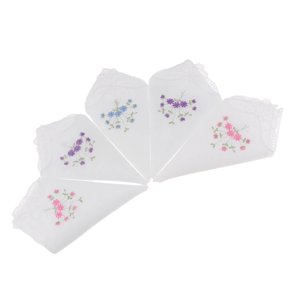 5pcs Womens 27 cm Cotton Hankies Thin Floral Embroidered Lace Handkerchief Hanky Lady White Pocket Square Scarves носовые платки