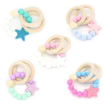 

Baby Infant Boy Girl Teether Bracelets Star Silicone Wood Bead Teething Toy Safe