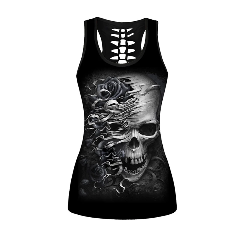 Summer Women Sport Vest Flower Skull 3D Print Yoga Shirt Quick Dry Gym Running Shirt Fitness Tank Tops Sleeveless T-shirt Female