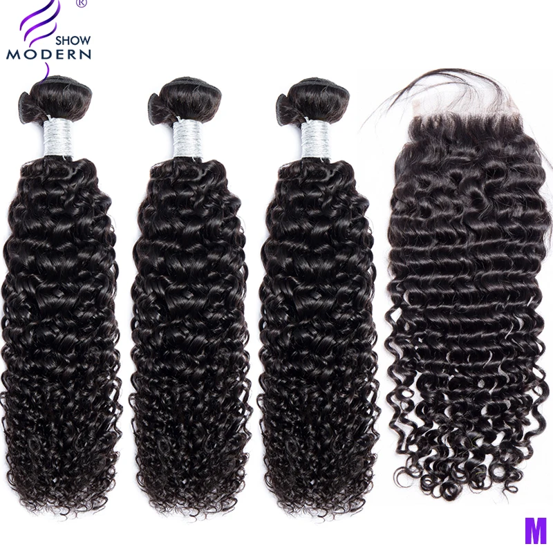 Современное шоу Середина радио Remy кудрявые вьющиеся волосы плетение наращивание 3 пряди с 1 шт 4 × 4 Кружева Закрытие малазийские человеческие волосы утки
