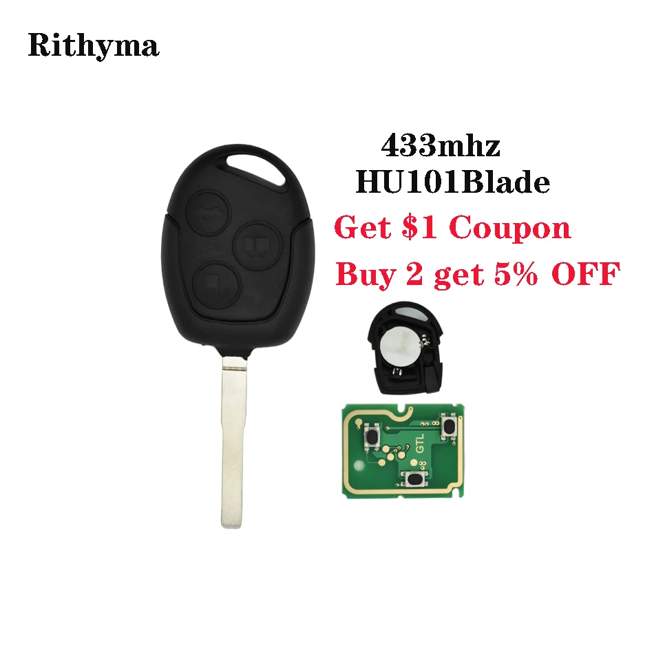 Remote Key 3 Buttons 433MHz With 4D60 Chip for Ford Focus Fiesta Mondeo 2001-2007 C MAX Fusion Transit KA HU101Blade with Emblem |