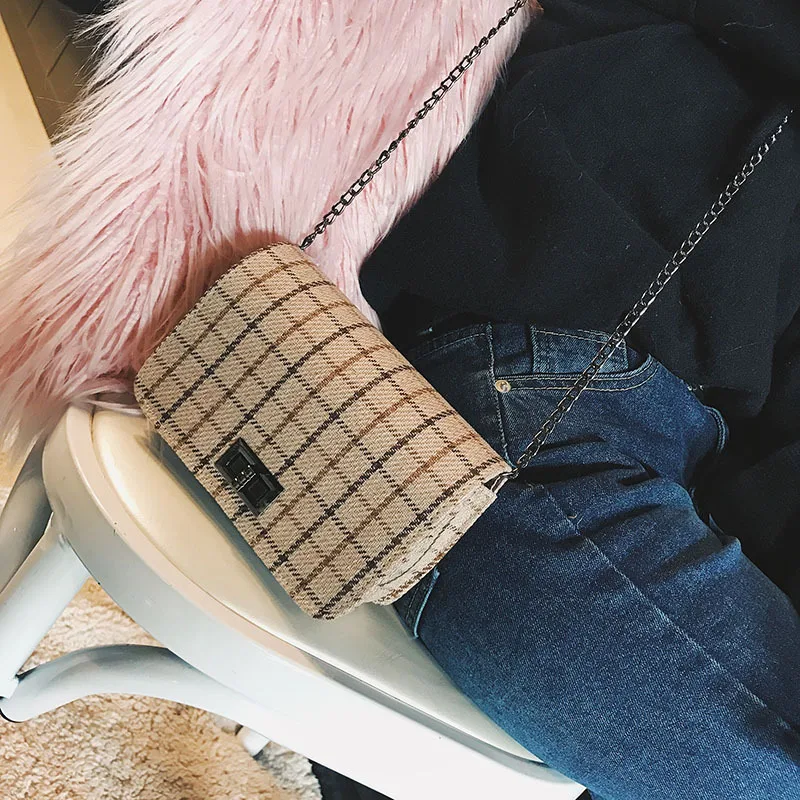 

CHIC Chain Bag Women's New Style Korean-style Versatile Mini Woolen Cloth Plaid Ulzzang Shoulder Bag Fashion