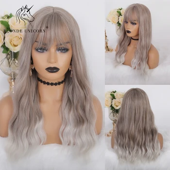 

Blonde Unicorn middle long Synthetic wig ombre light white blonde water wavy Cosplay Wigs with Neat Bangs for Women