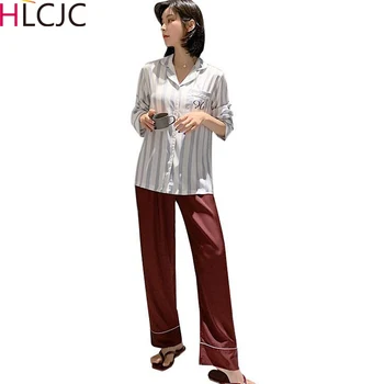 

New Striped 2 Piece Spring Autumn Women Sleepwear Ice Silk Satin Pajamas Set Long Sleeve Sleepwear Pajamas Suit Female Homewear