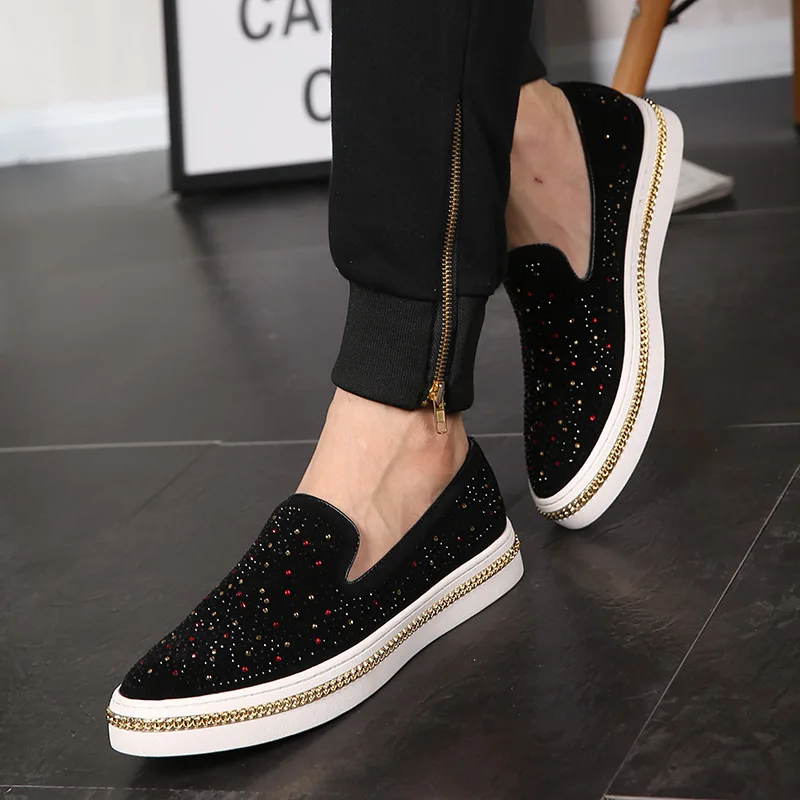 

New Arrival Mens Fashion Party Night Club Breathable Soft Leather Shoes Slip on Lazy Shoe Flat Platform Loafer Rhinestone R6-65
