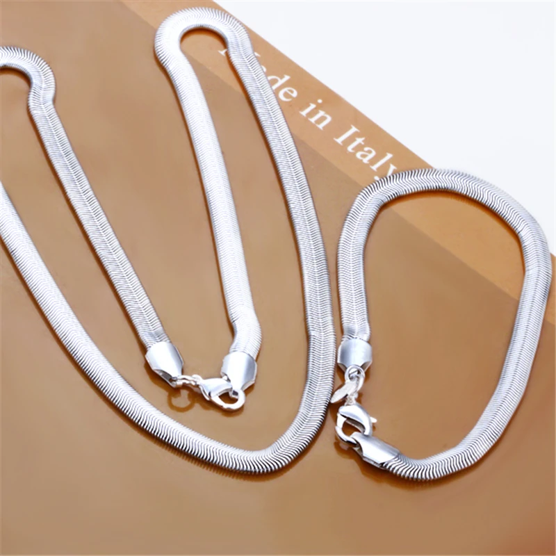 Серебро 925 комплекты украшений для женщин леди 6 мм мягкая цепочка змейка ожерелье браслет 2 шт набор модные ювелирные аксессуары