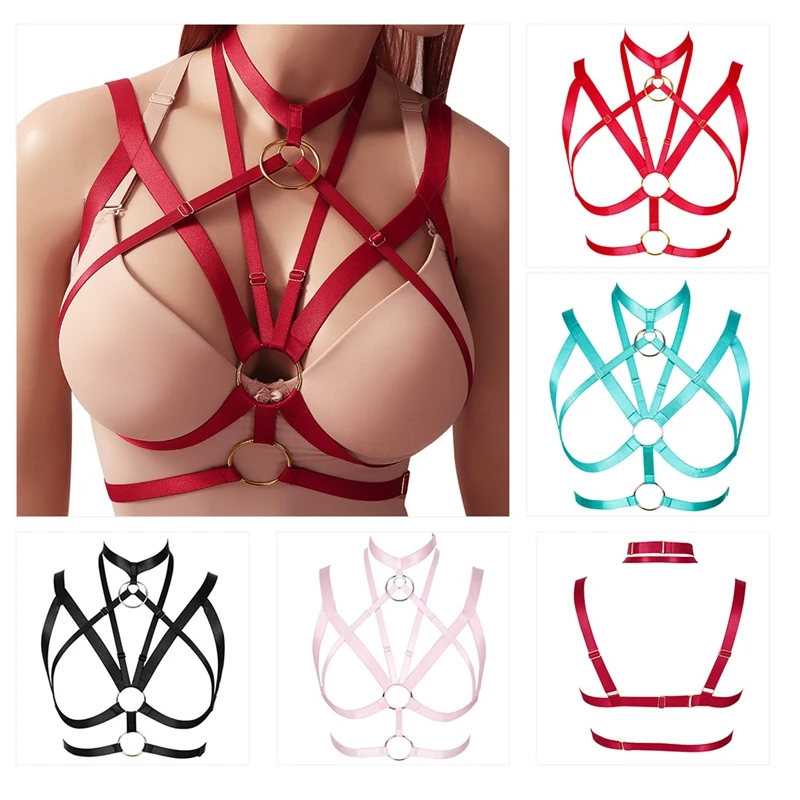 

Body Bondage Harness Lingerie Goth Crop Tops Cage Bra Sexy Open Chest Harness Bra Punk Binding Neck Suspender Fetish Rave Wear