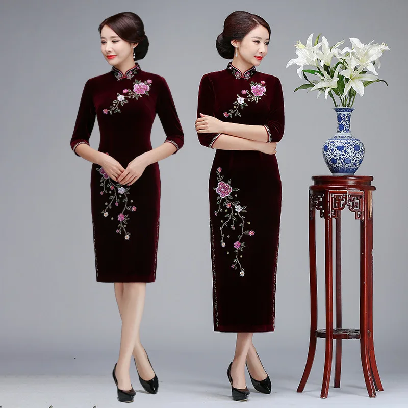 2019 Herfst Goud Fluwelen Cheongsam Lange Kralen Nieuwe Mode Verbeterd Schuine Stand Kraag Sequin Cheongsam Jurk Lange Rok 2019 Herfst Goud Fluwelen Cheongsam Lange Kralen Nieuwe Mode Verbeterd Schuine Stand Kraag Sequin Cheongsam Jurk Lange Rok