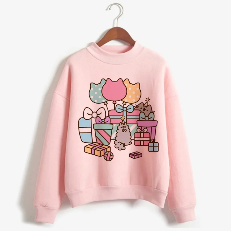 WY-pink-C1001-12 Милая Женская толстовка Ullzang Kawaii Pusheen Cat Harajuku в Корейском стиле; сезон осень-зима; теплая Женская толстовка с капюшоном - Цвет: WY-pink-C1001-12