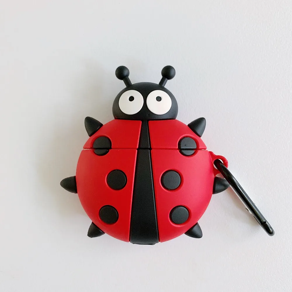 

3D Beautiful Beetle Red Earphone Silicone Soft Case for AirPods 1 2 Bluetooth Headset Charging Box Protective Cover With Hook