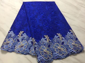 

2020 Royal Blue 100% Cotton African Lace Fabric 2019 High Quality Lace French Swiss voile Embroidery Lace Fabric 5Yard Wedding