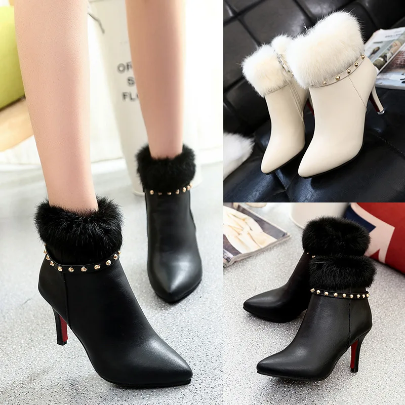 

2018 Korean-style Rabbit Fur New Style Thin Heeled Women's Martin Pointed-Toe Versatile Side Pull Autumn And Winter Rivet Short