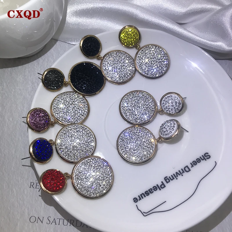 

CXQD Fashion Shining Circle Full Paved Rhinestone Crystal Drop Earrings for Women Precision Inlay Gold Jewelry Gift