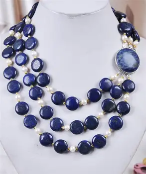 

New3Rows White Akoya Cultured Pearl & Genuine Coin Lapis Lazuli Jewelry Necklace