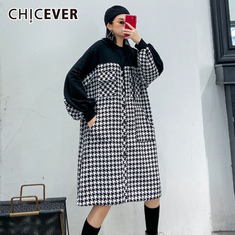 CHICEVER корейский плед лоскутное хит разноцветное платье женское о-образный вырез с