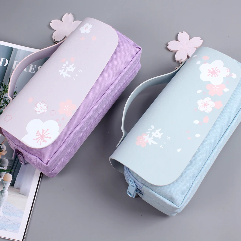 

Cherry Blossoms Student Pencil Case Double Layer Large Capacity School Supplies Pen Bag for Girls Stationery Pencil Bag Korea