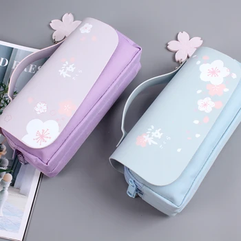 

Cherry Blossoms Student Pencil Case Double Layer Large Capacity School Supplies Pen Bag for Girls Stationery Pencil Bag Korea