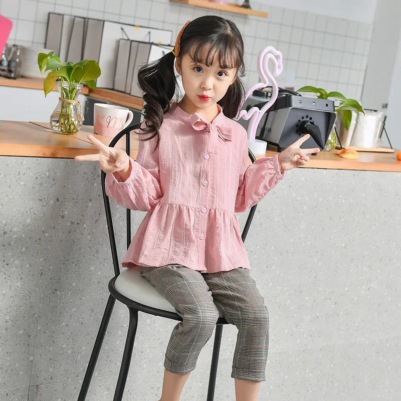 

19 Years Spring And Summer New Style Childrenswear Korean-style Pure Cotton Flounced Ribbon Bow Girls Ladies' Shirt Fashion