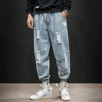 

2020 New Arrival Spring Summer Denim Pants Men Fashion Ripped Jeans Pants Drawstring Print Letter Denim Trousers Men M-5XL