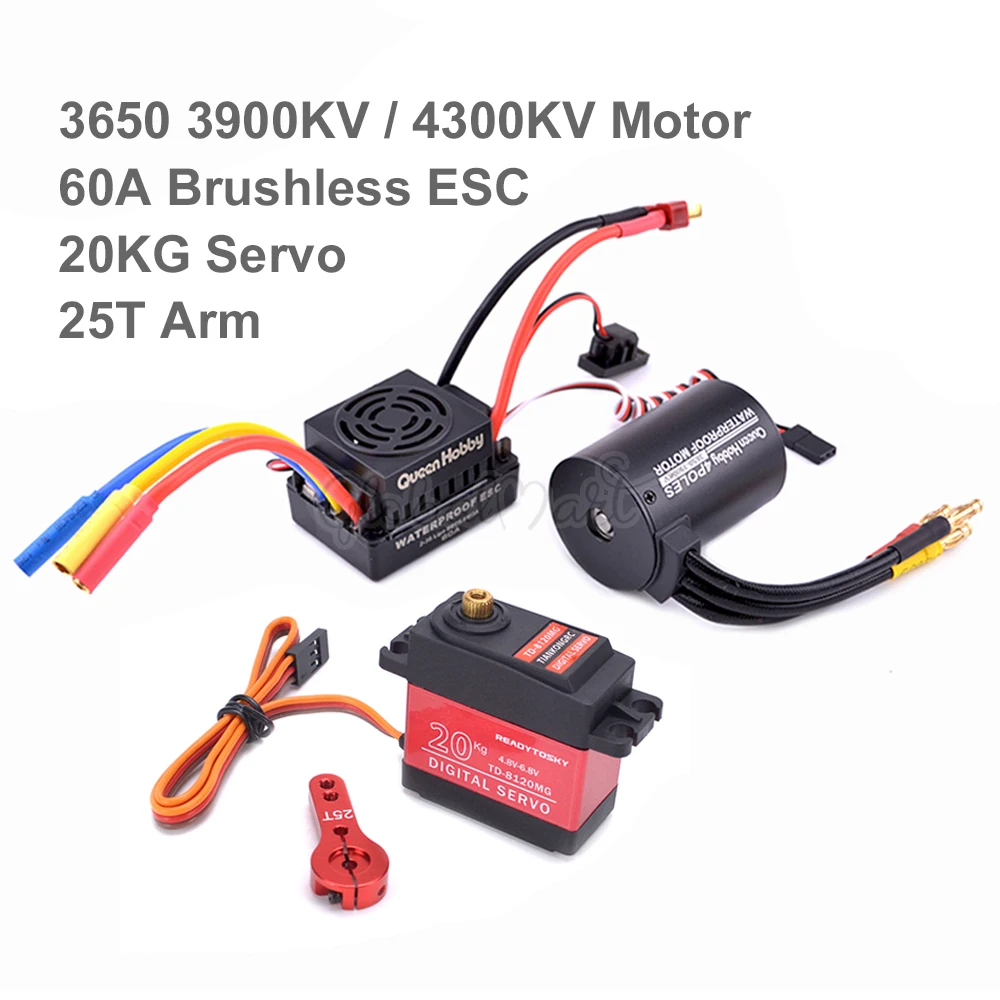 

3650 3900KV / 4300KV Brushless Motor 60A ESC with 20kg Metal Gear Servo 25T Arm Combo Set for 1/10 1:10 RC Car Truck