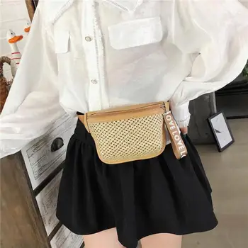 

Straw Woven Shoulder Messenger Handbags Women Waist Fanny Belt Packs Phone Money Pouch Casual Knitting Small Crossbody Chest Bag
