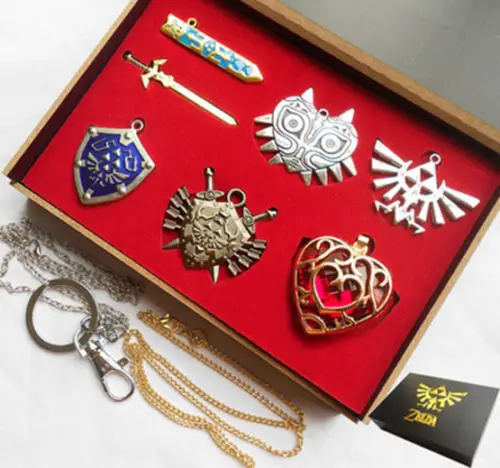 

6pcs The Legend of Zelda Link Shield Links Sword Necklace Pendant keychain Keyring Cosplay Prop Weapons Set