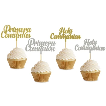 

20 Pieces Gold Silver Primera Comunion Cupcake Topper Fort Baby's First Holy Communion Party Decoration Cupcake Topper