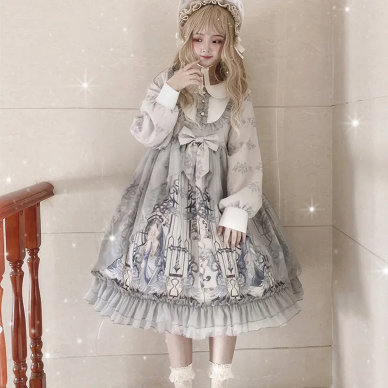 

Palace princess sweet lolita dress vintage peter pan collar high waist printing victorian dress kawaii girl gothic lolita op cos